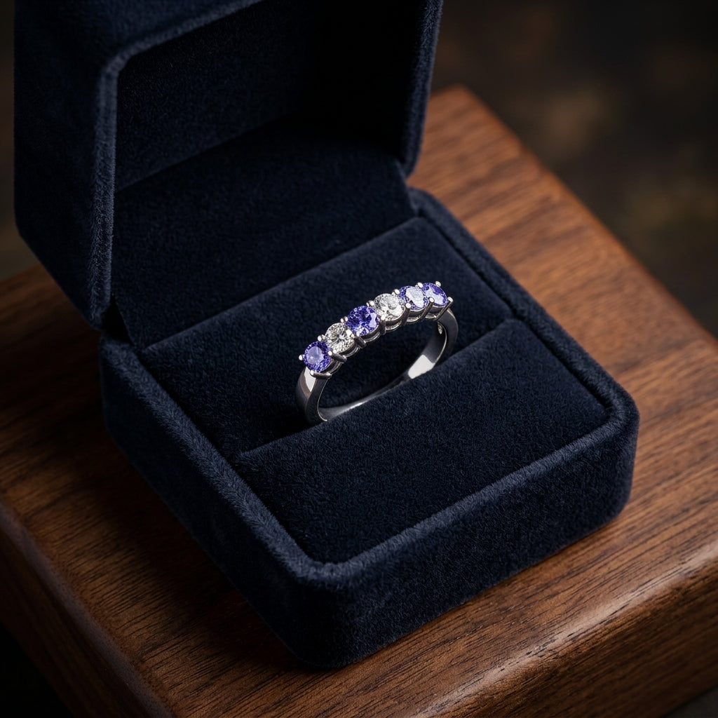Amethyst And Diamond 5 Stone Band In 14k White Gold (1/5 Ct. Tw.) — gift presentation