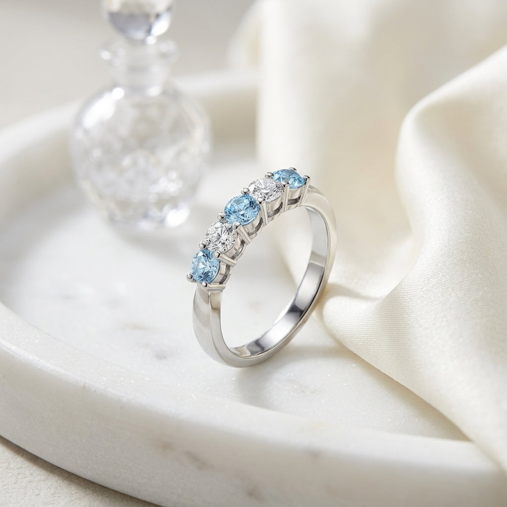 Blue Topaz And Diamond 5 Stone Ring In 14k White Gold — atelier still life