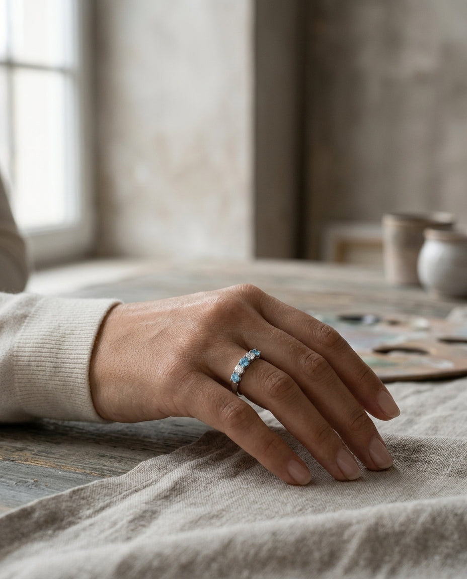 Blue Topaz And Diamond 5 Stone Ring In 14k White Gold — editorial close-up