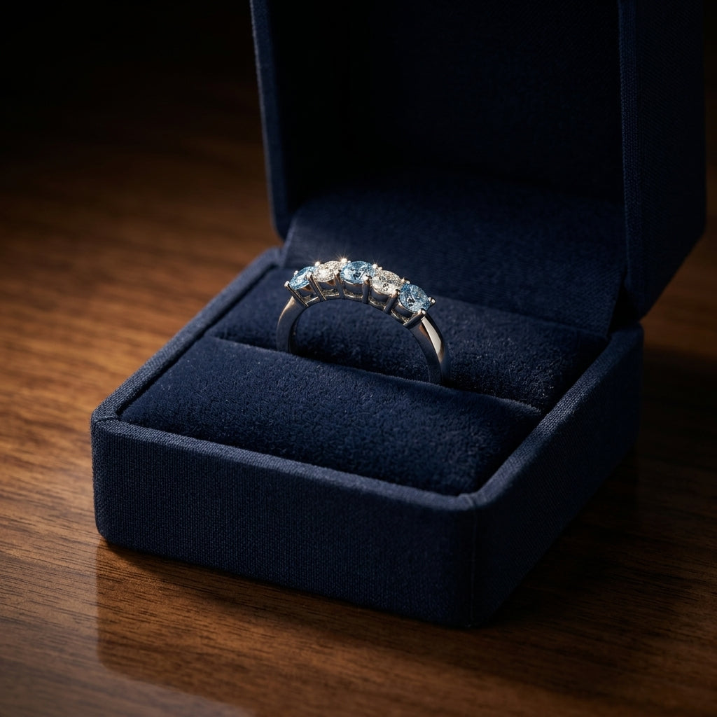 Blue Topaz And Diamond 5 Stone Ring In 14k White Gold — gift presentation