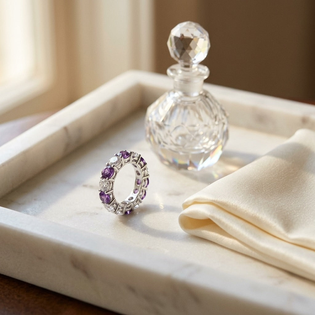 Amethyst & Diamond 7-stone Band 14k White Gold — marble silk