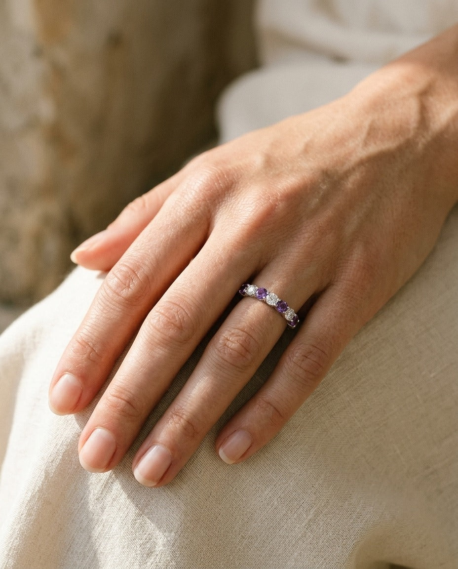 Amethyst & Diamond 7-stone Band 14k White Gold — portrait close