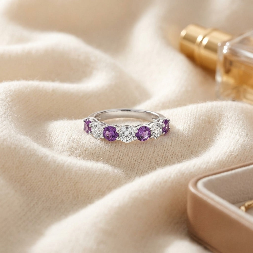 Amethyst & Diamond 7-stone Band 14k White Gold — textile flat lay