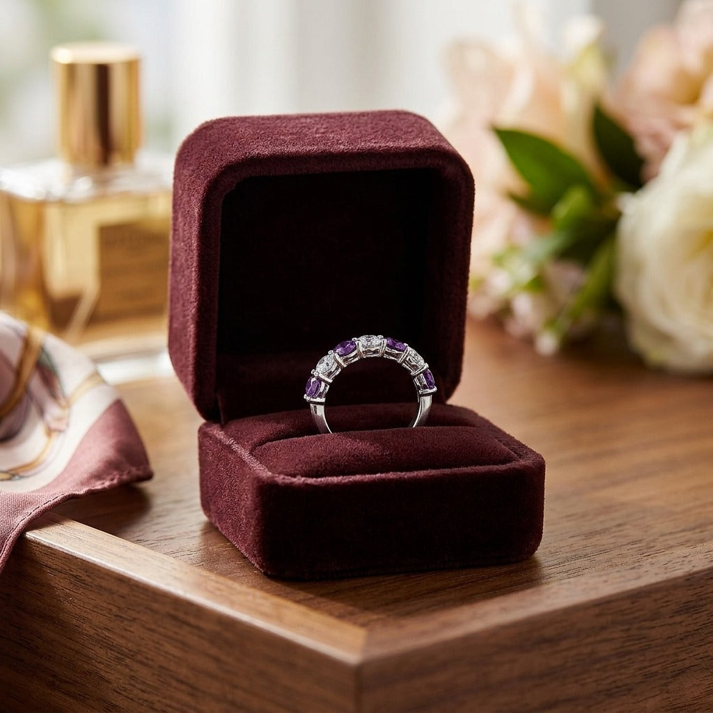 Amethyst & Diamond 7-stone Band 14k White Gold — velvet box