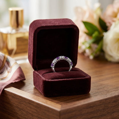 Amethyst & Diamond 7-stone Band 14k White Gold — velvet box
