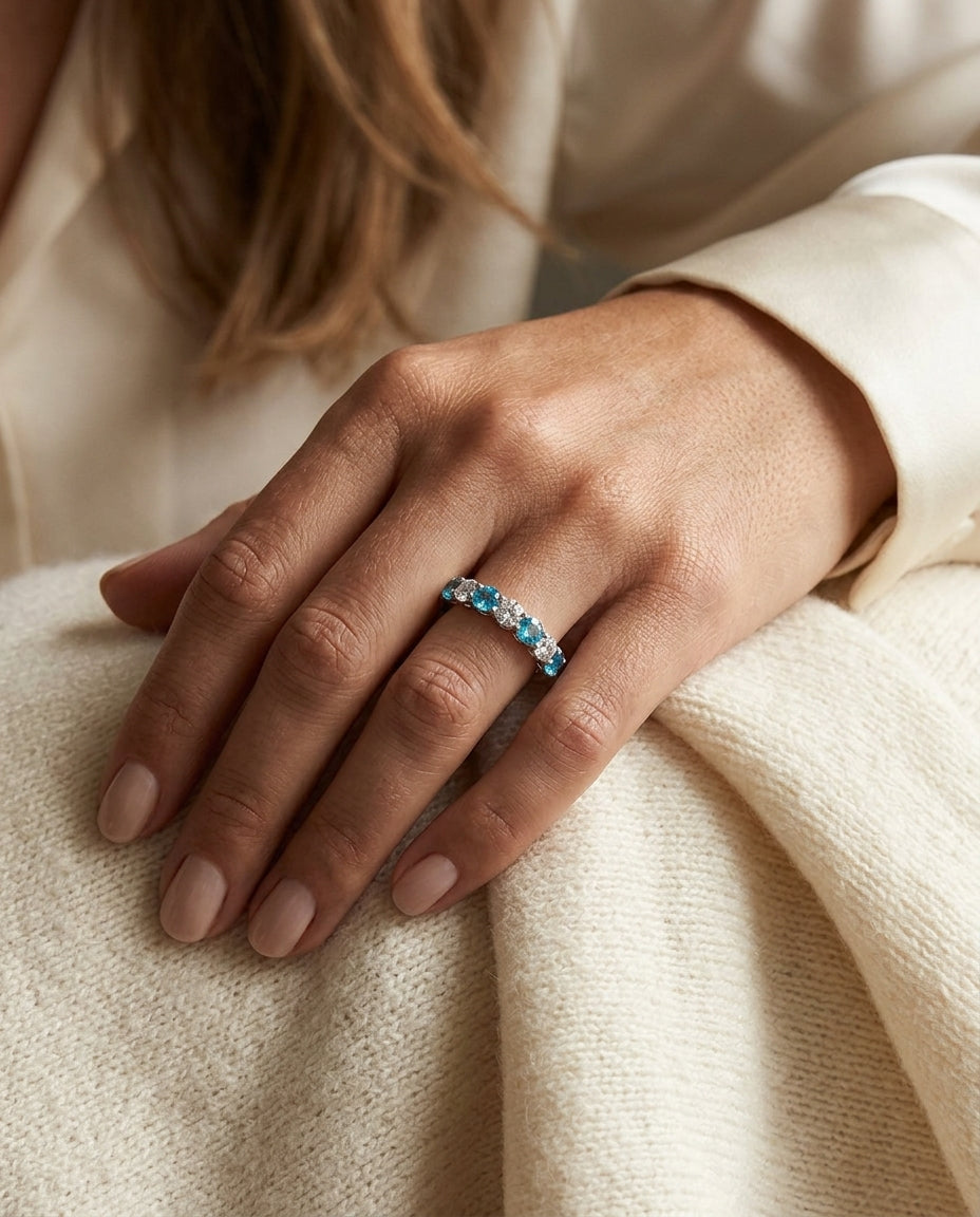Blue Topaz And Diamond Ring In 14k White Gold — editorial close-up