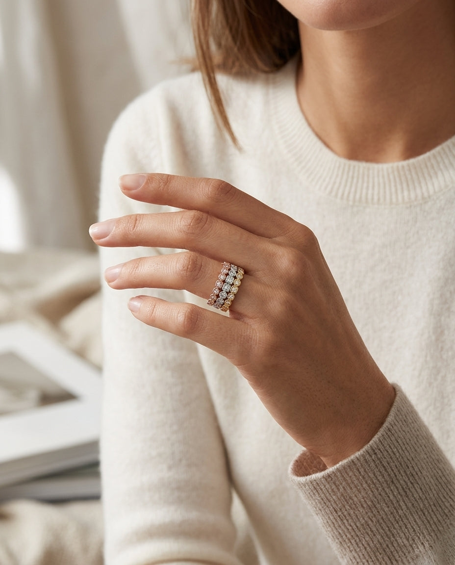 Diamond Milgrained Stackable Band In 14k White Gold — editorial close-up