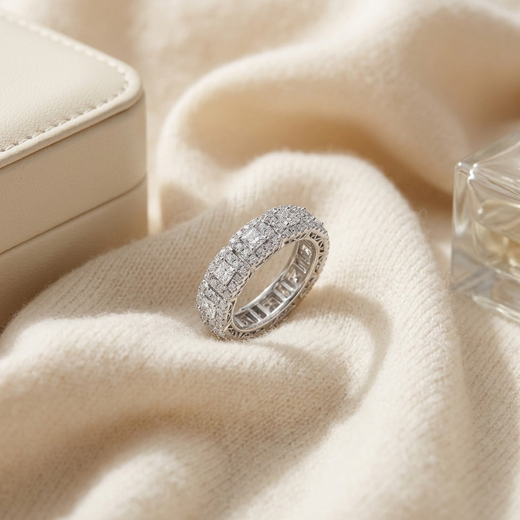 Diamond Square Halo Band in 14k White Gold — textile flat lay