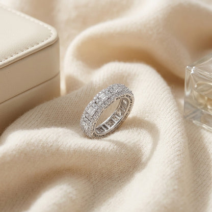 Diamond Square Halo Band in 14k White Gold — textile flat lay