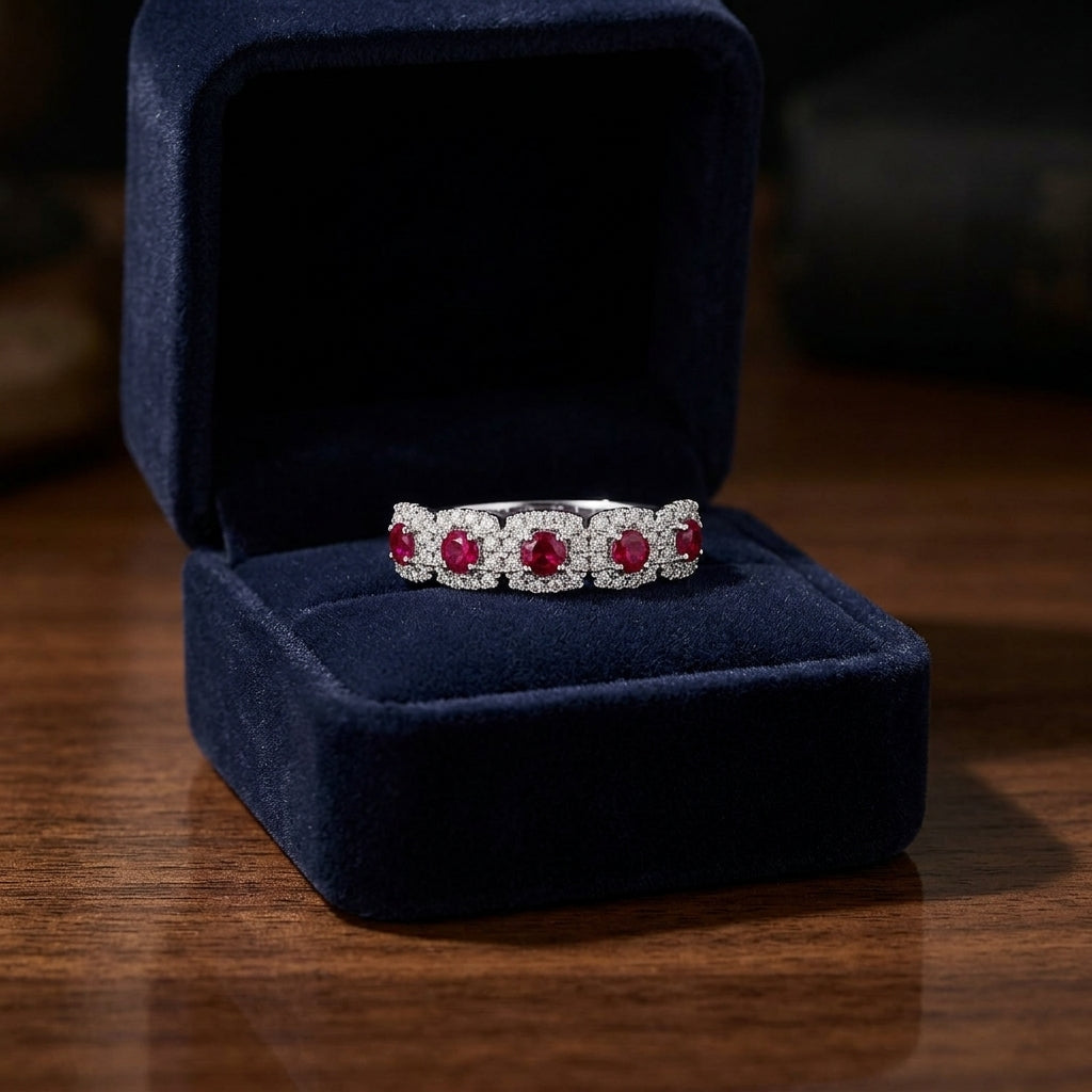 Ruby And Diamond Multi-halo Band In 14k White Gold — gift presentation