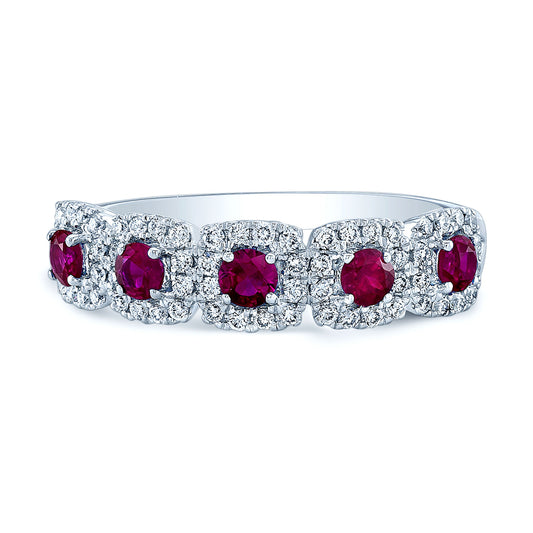 Ruby And Diamond Multi-halo Band In 14k White Gold