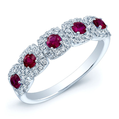 Ruby And Diamond Multi-halo Band In 14k White Gold