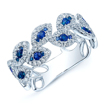 Sapphire And Diamond Pave Leaf Ring In 14k White Gold