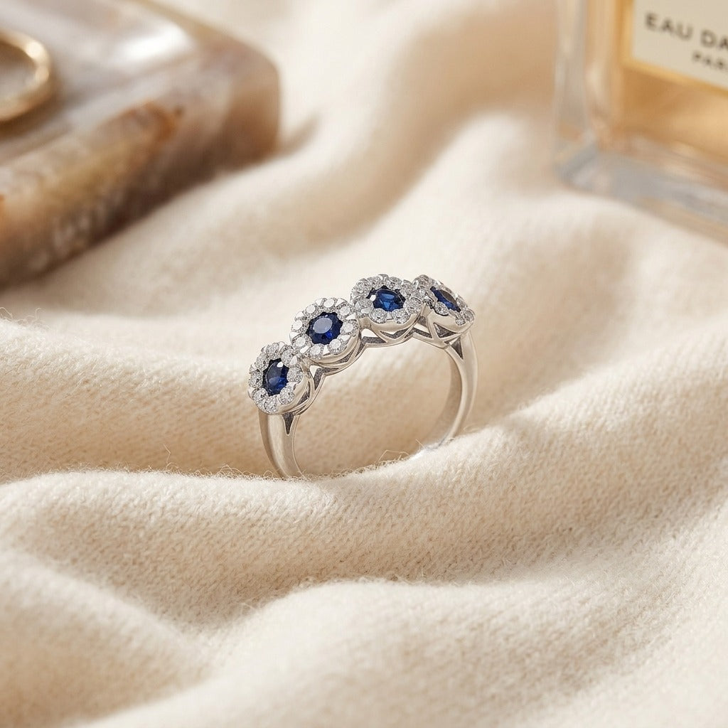 14k White Gold Blue Sapphire and 1/2ct Tdw Diamond Band (H-I,vs1-Vs2) — textile flat lay