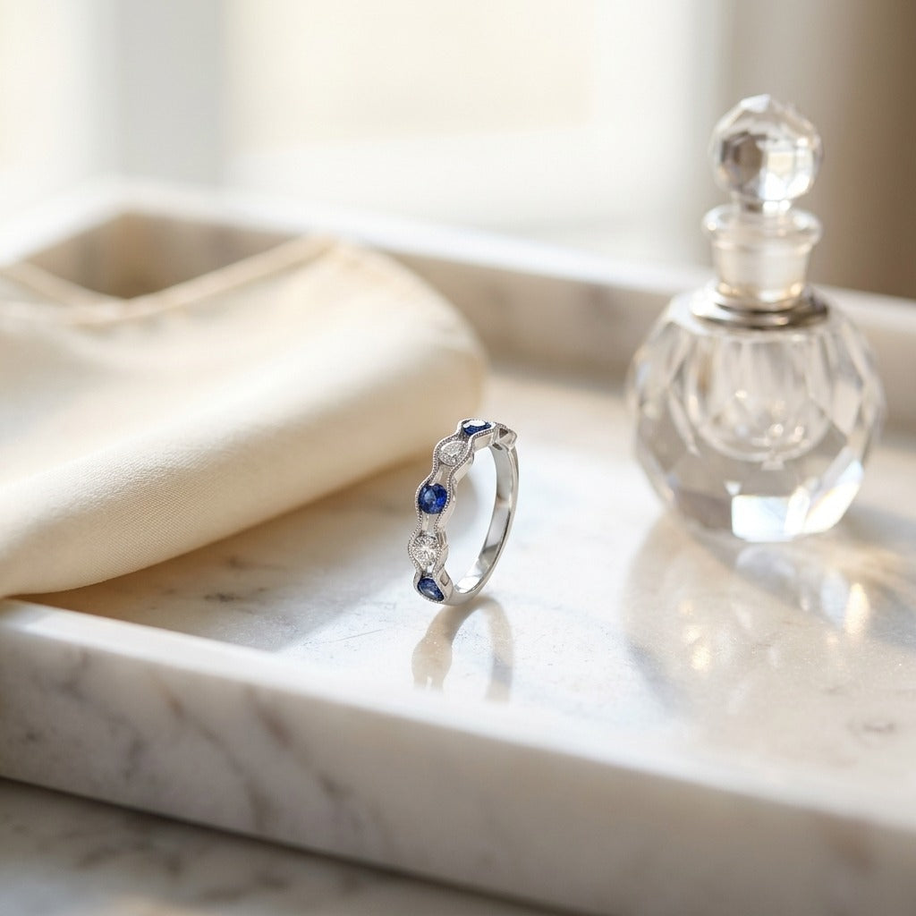 Floating Sapphire And Diamond Scallop Edge Band In 14k White Gold — marble silk