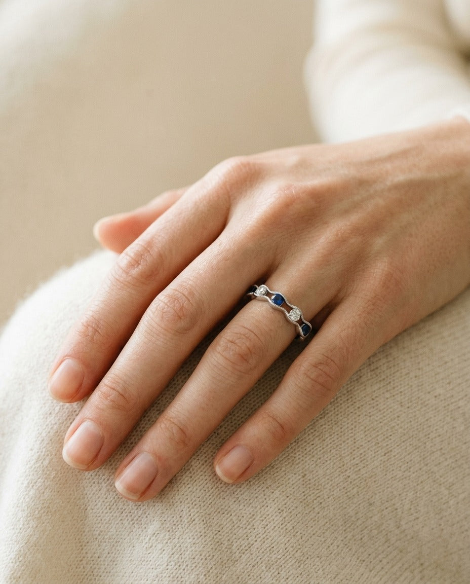 Floating Sapphire And Diamond Scallop Edge Band In 14k White Gold — portrait close
