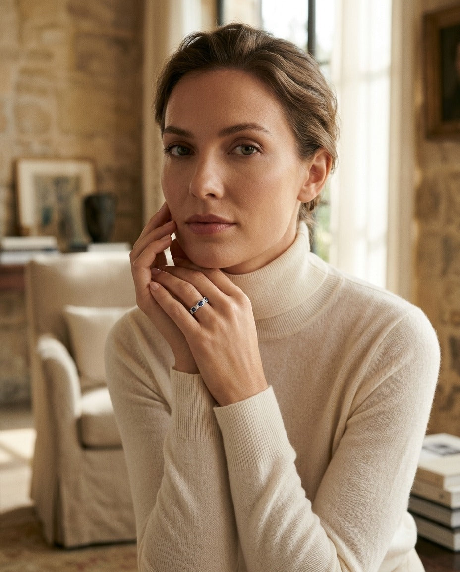 Floating Sapphire And Diamond Scallop Edge Band In 14k White Gold — portrait full