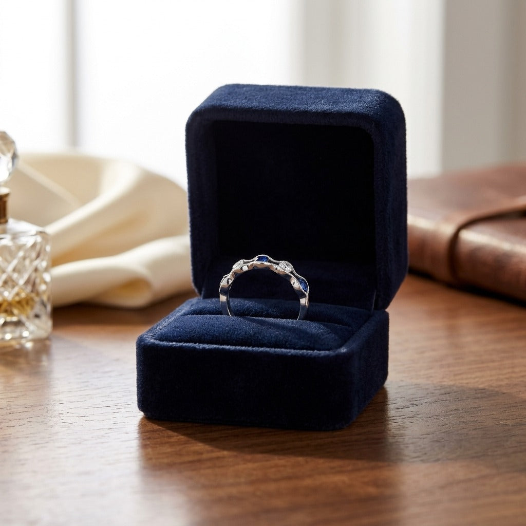 Floating Sapphire And Diamond Scallop Edge Band In 14k White Gold — velvet box