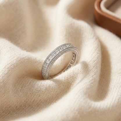 Diamond Princess Cut Milgrain Channel Band In 14k White Gold — textile flat lay