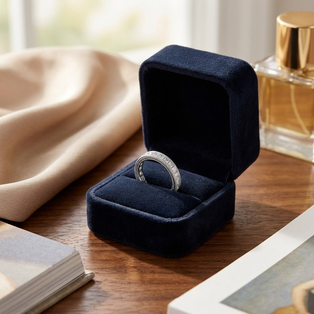 Diamond Princess Cut Milgrain Channel Band In 14k White Gold — velvet box