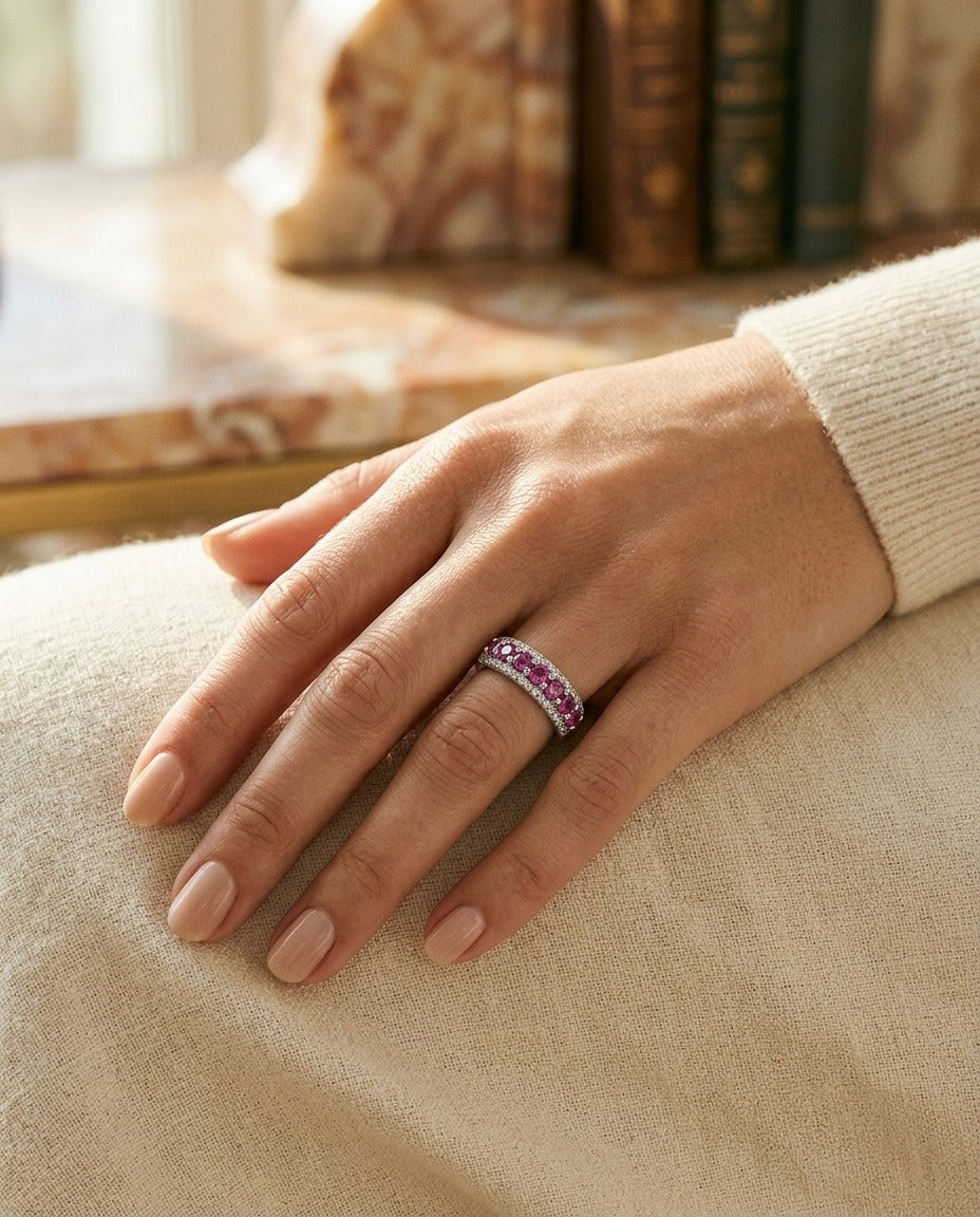 Rhodolite Garnet and Diamond Band in 14k White Gold — portrait close