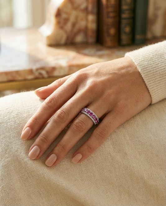 Rhodolite Garnet and Diamond Band in 14k White Gold — portrait close