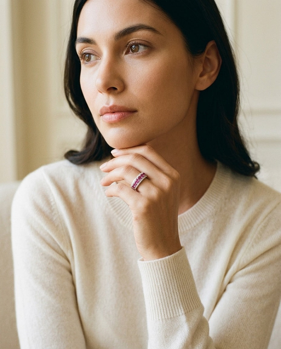 Rhodolite Garnet and Diamond Band in 14k White Gold — portrait full