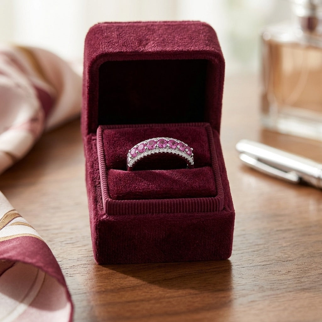Rhodolite Garnet and Diamond Band in 14k White Gold — velvet box