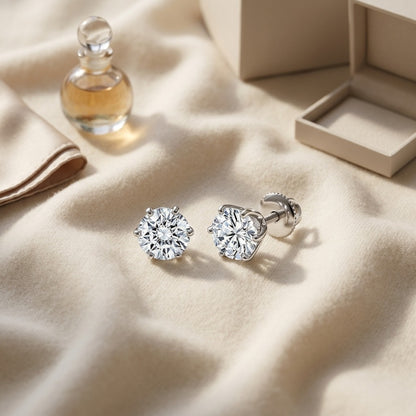 Diamond 6-prong Round Stud 14k White Gold — textile flat lay