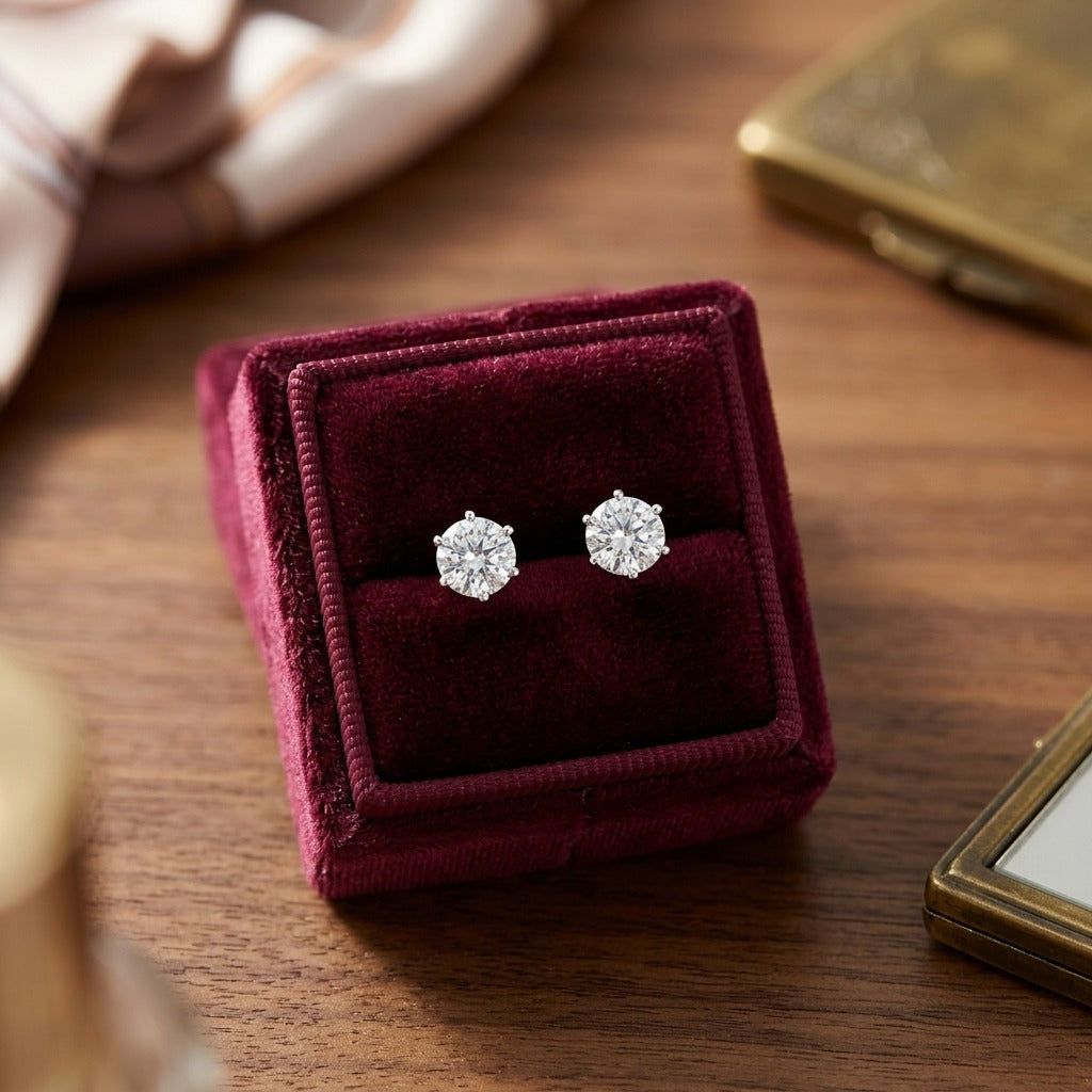 Diamond 6-prong Round Stud 14k White Gold — velvet box