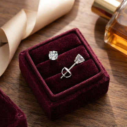 Diamond 4-Prong Round Studs 14k White Gold — velvet box