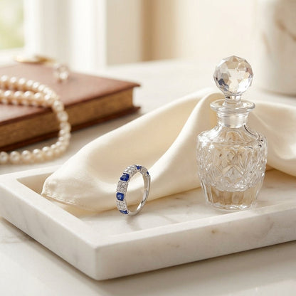 Round Sapphire And Diamond Ring In 14k White Gold — marble silk