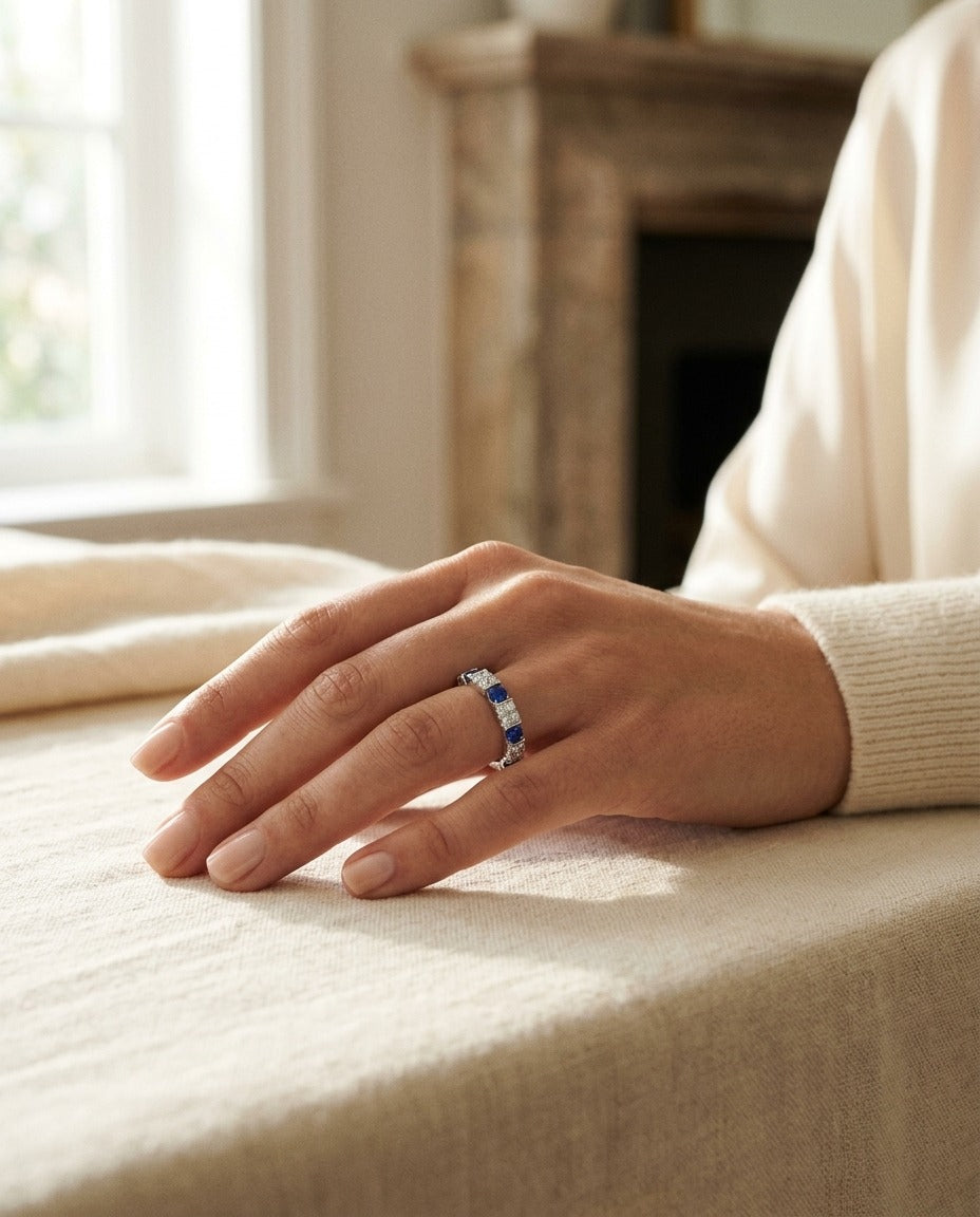 Round Sapphire And Diamond Ring In 14k White Gold — portrait close