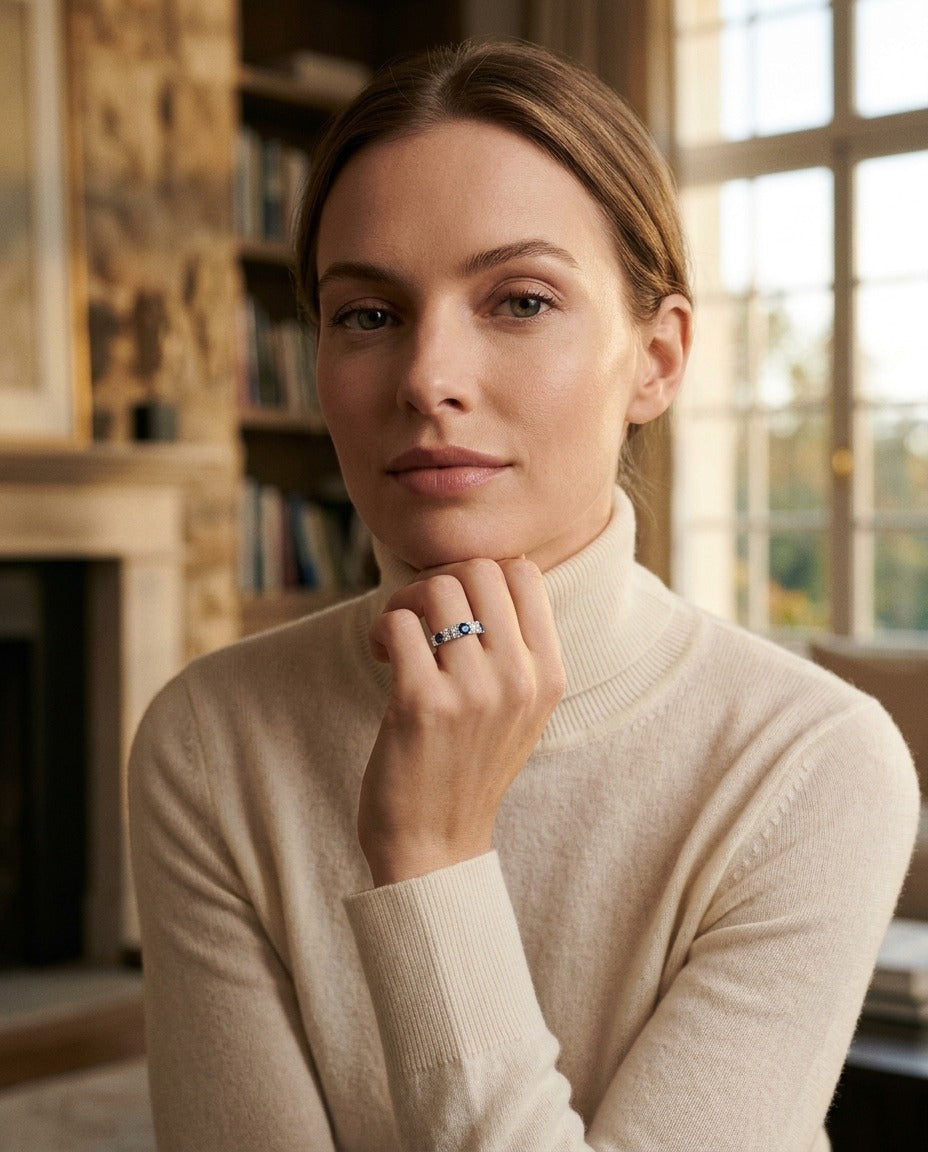 Round Sapphire And Diamond Ring In 14k White Gold — portrait full