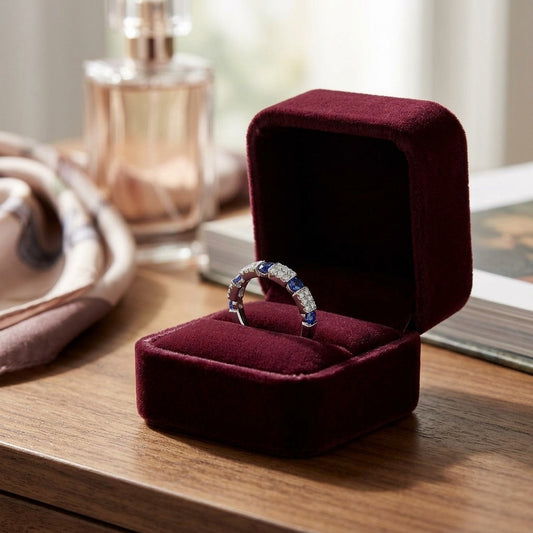 Round Sapphire And Diamond Ring In 14k White Gold — velvet box