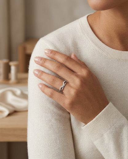 Diamond Pave Notched Band In 14k White Gold — editorial close-up