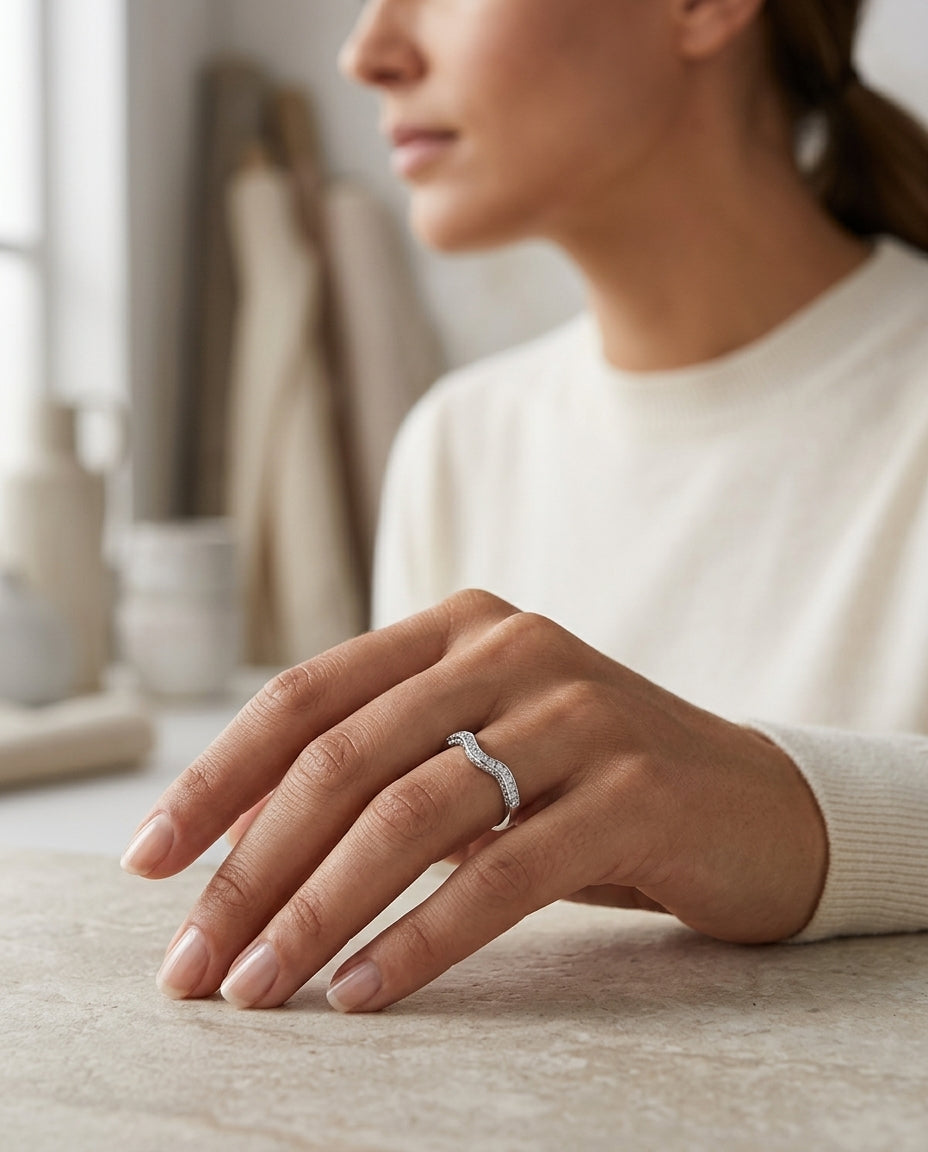 Diamond Pave Notched Band In 14k White Gold — editorial close-up