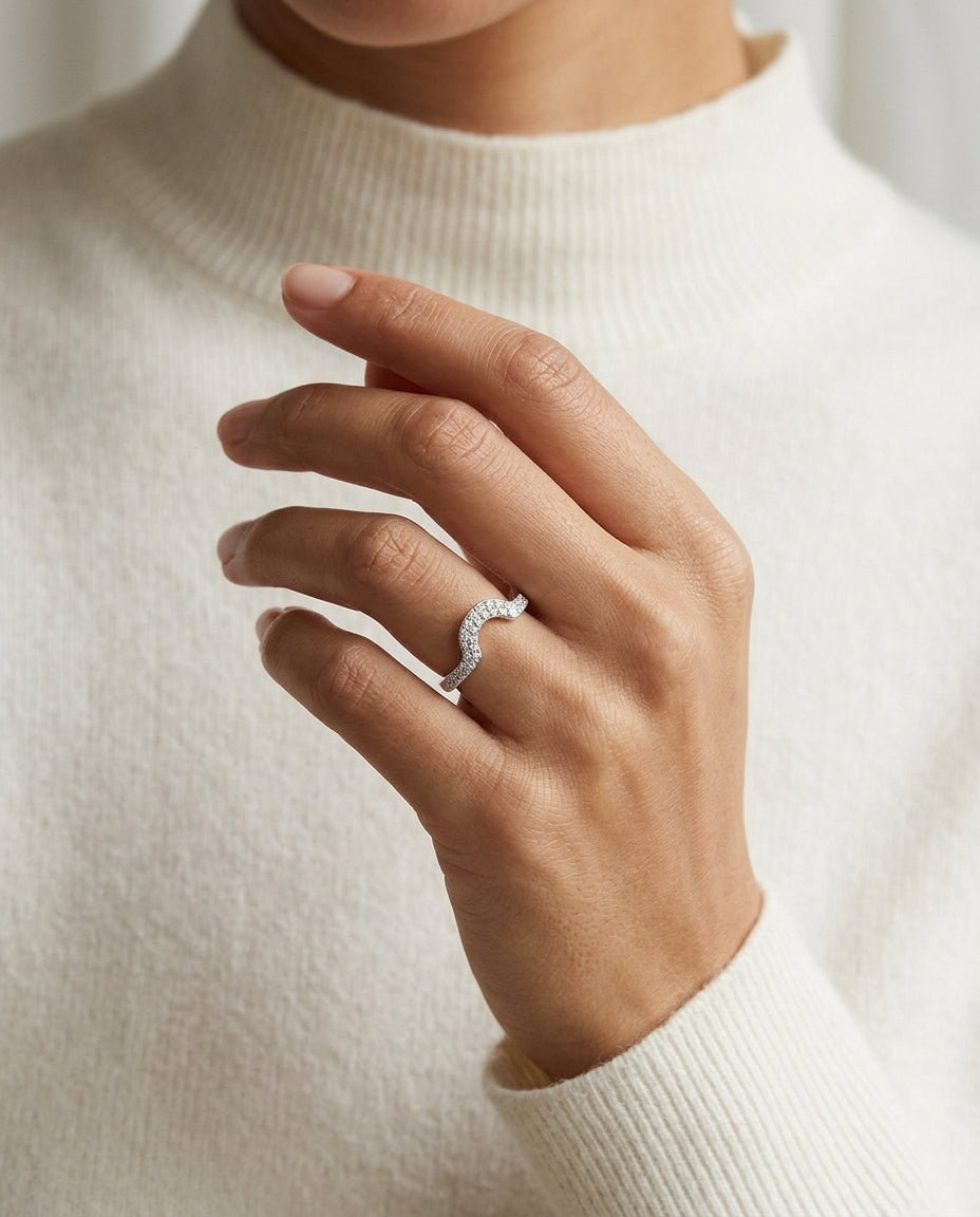 Diamond Pave Studded Notched Band In 14k White Gold — editorial close-up