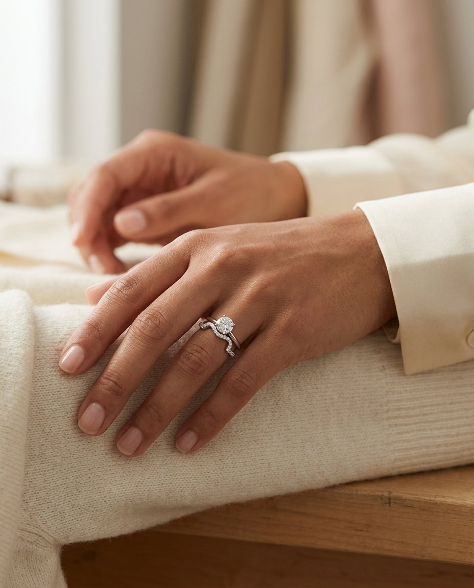 Diamond Pave Notched Band In 14k White Gold — editorial close-up