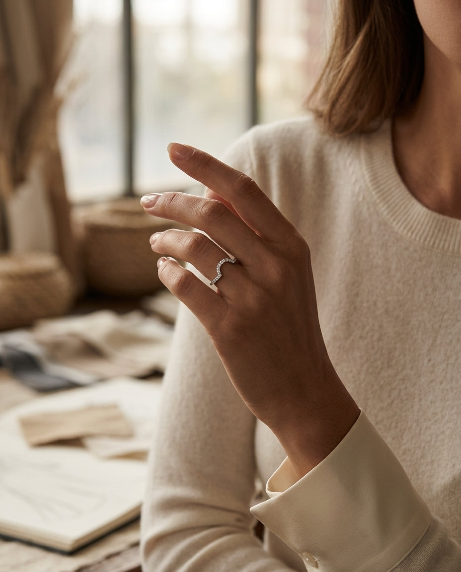 Diamond Pave Notched Band In 14k White Gold — editorial close-up