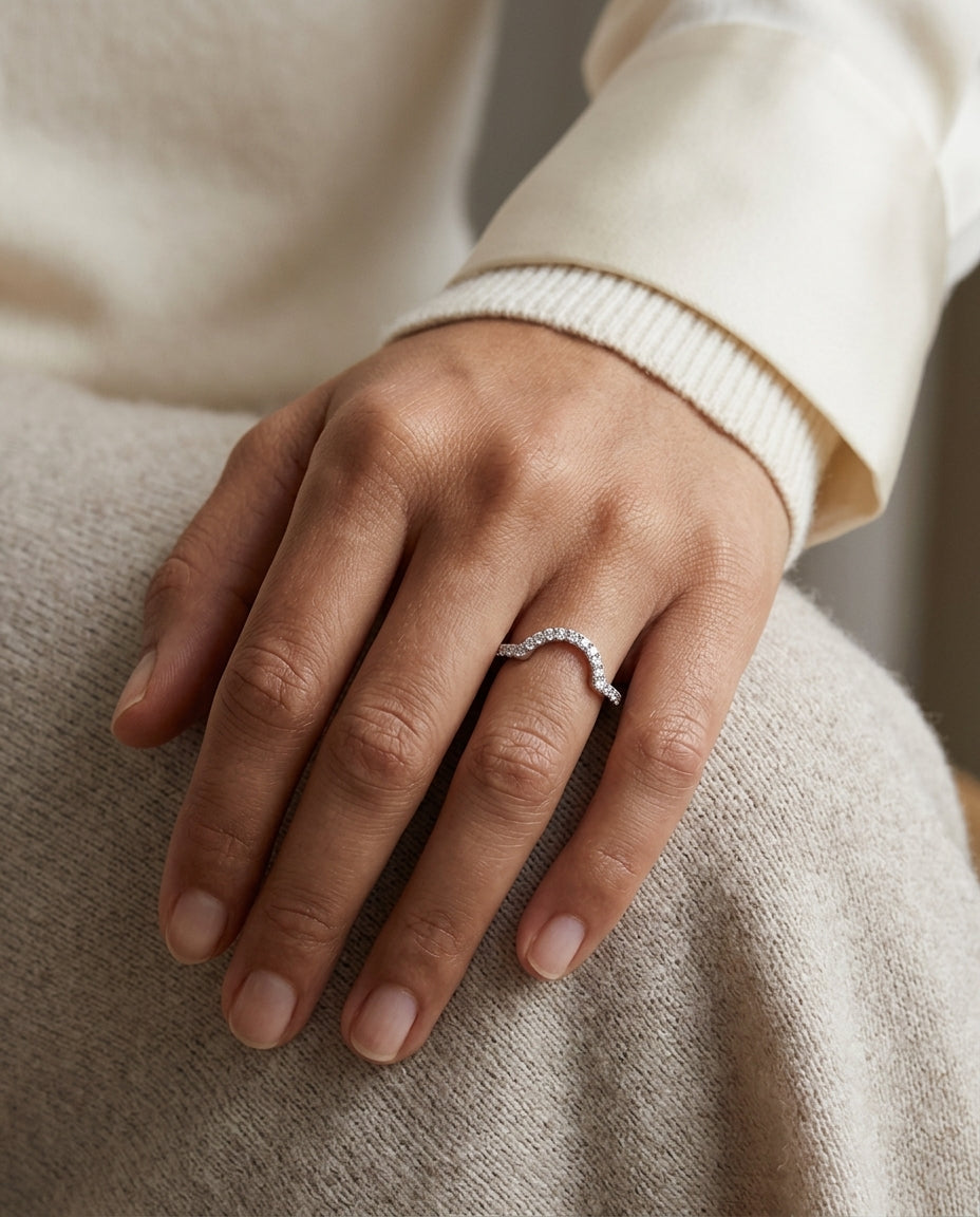 Diamond Pave Notched Band In 14k White Gold — editorial close-up