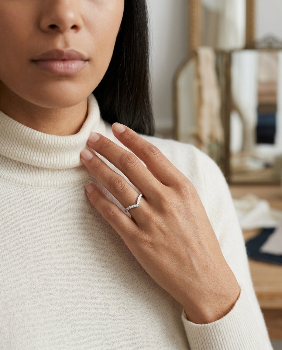 Diamond Pave Notched Band In 14k White Gold — editorial close-up