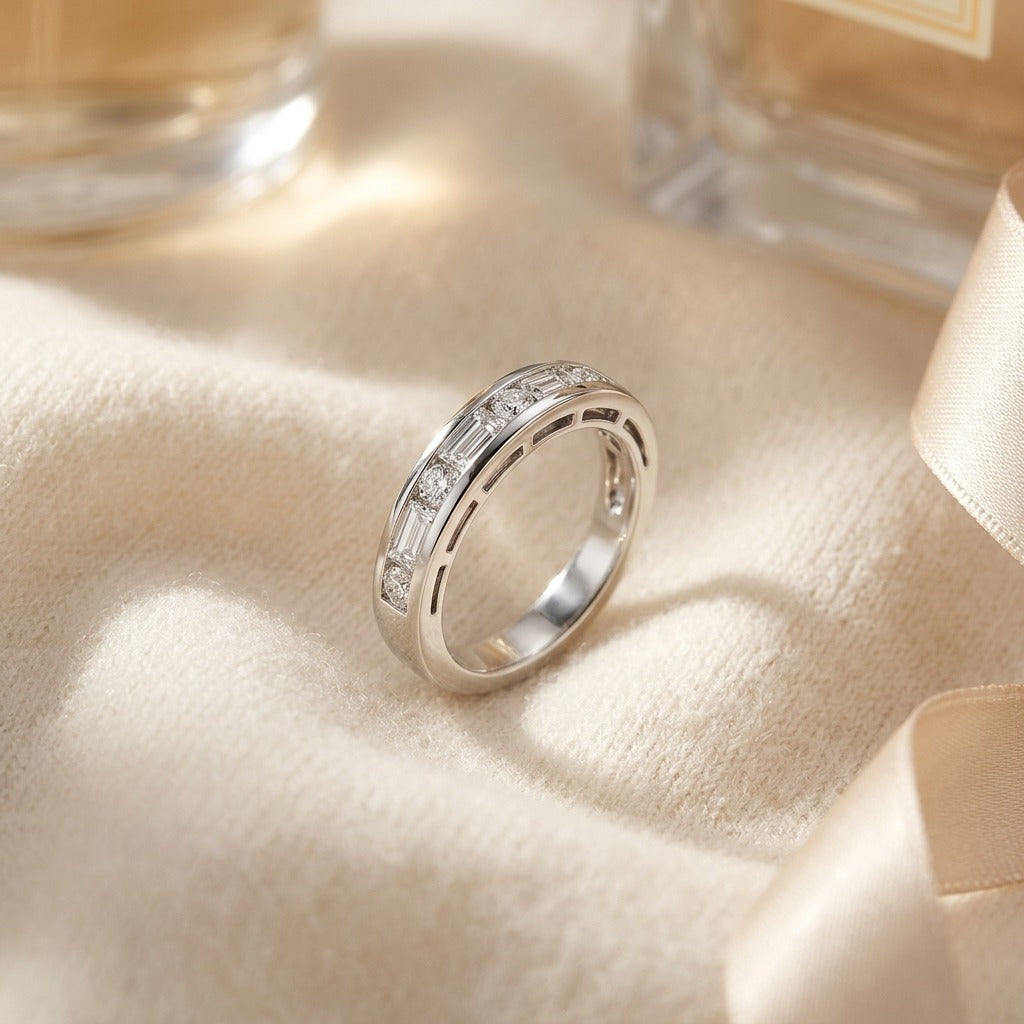 Diamond Baguette And Round Channel Band in 14K White Gold 1/2ctw — textile flat lay