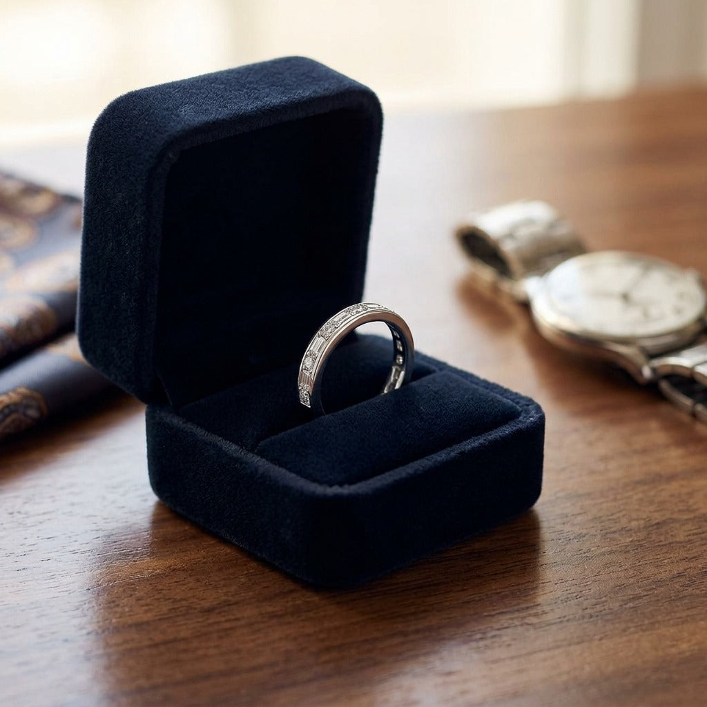 Diamond Baguette And Round Channel Band in 14K White Gold 1/2ctw — velvet box