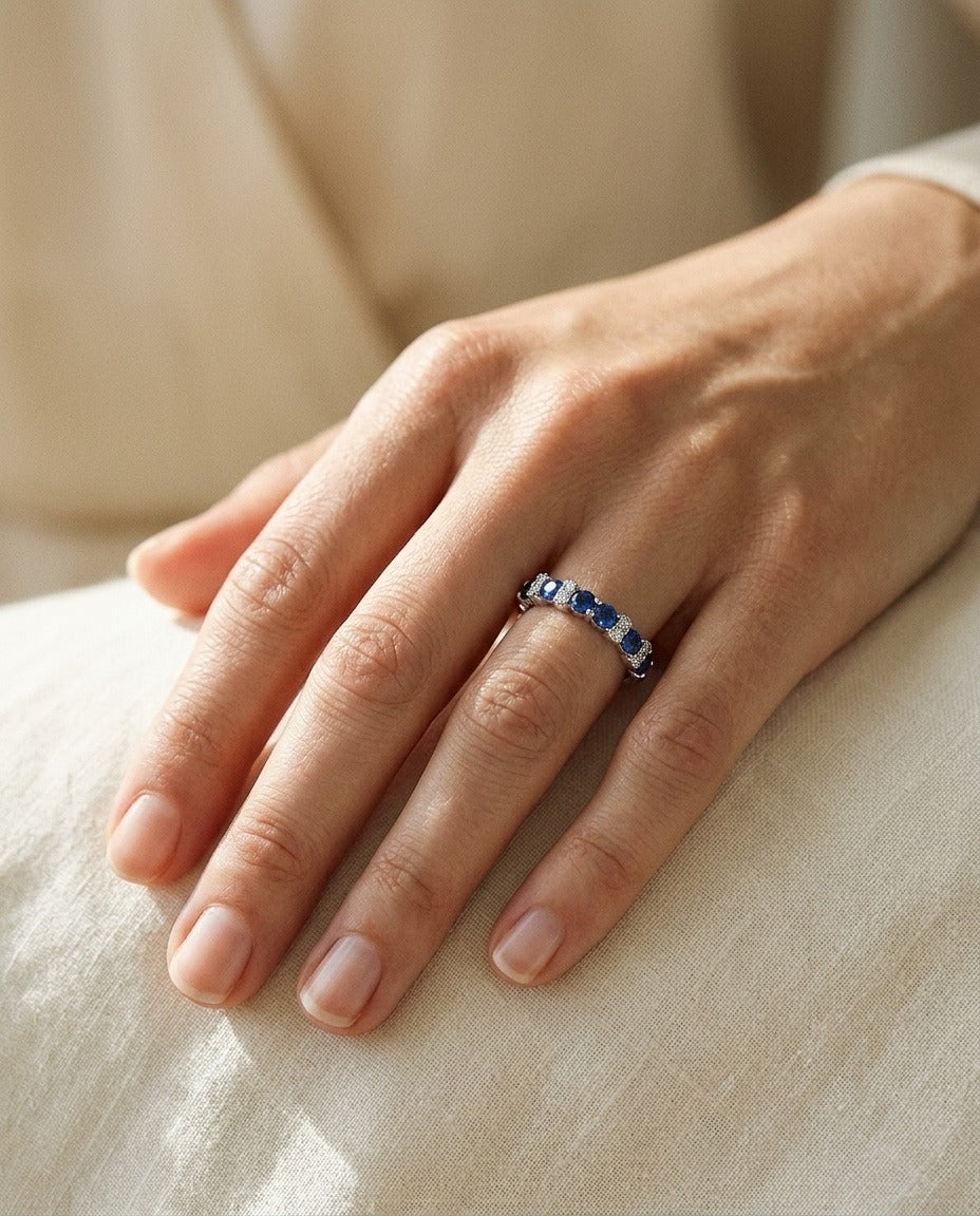 Sapphire and Diamond Single Row Prong-Set Band in 14k White Gold — portrait close