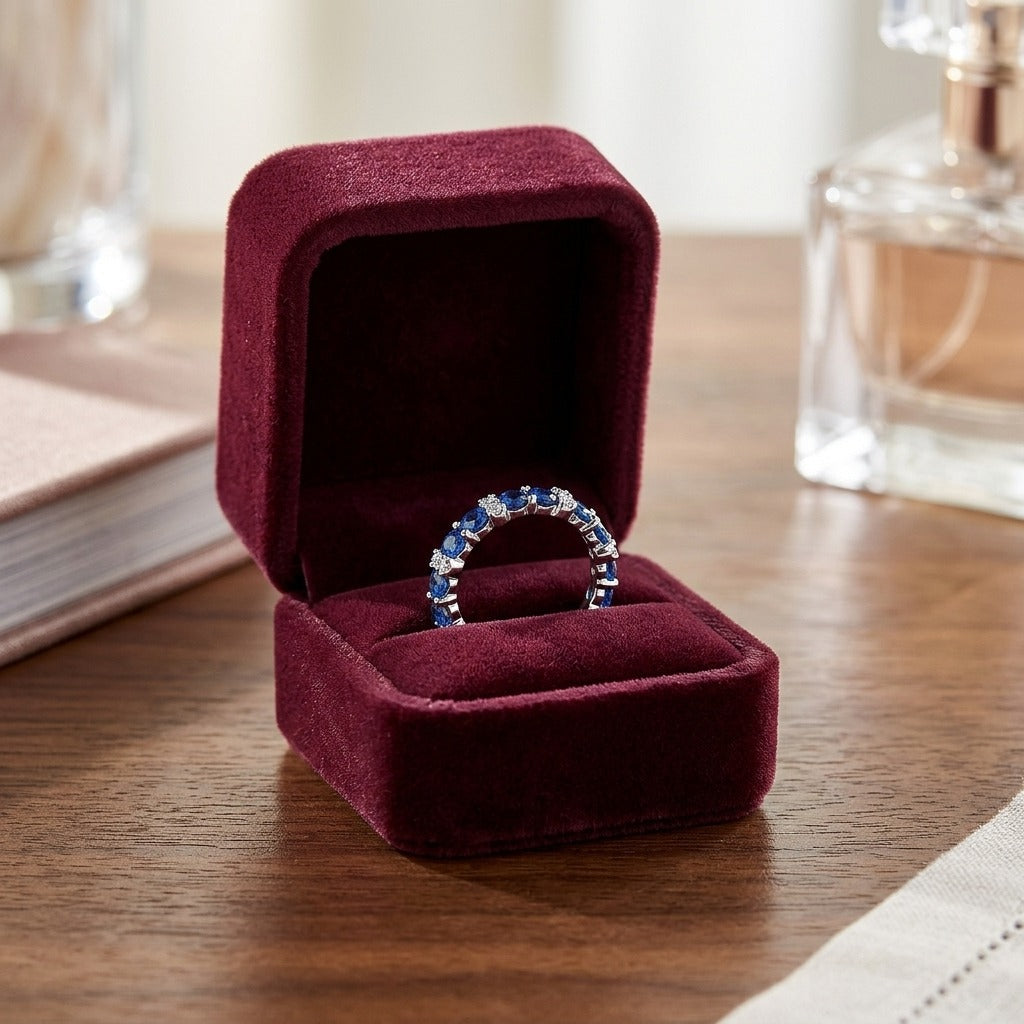 Sapphire and Diamond Single Row Prong-Set Band in 14k White Gold — velvet box