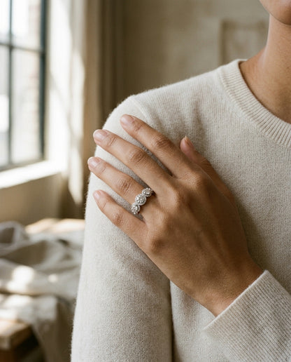 Five Stone Halo Diamond Band Ring in 14k White Gold 1-3/8ctw — editorial close-up