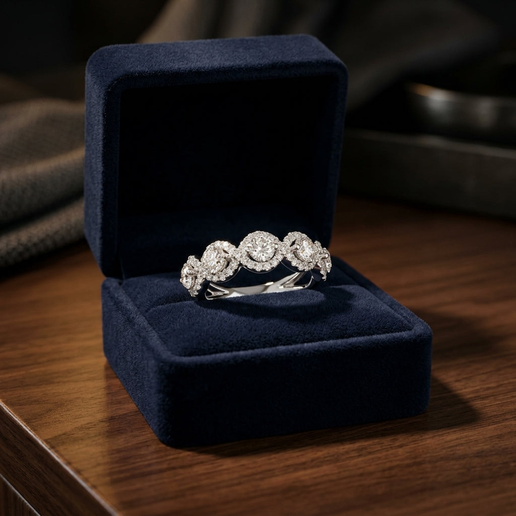 Five Stone Halo Diamond Band Ring in 14k White Gold 1-3/8ctw — gift presentation
