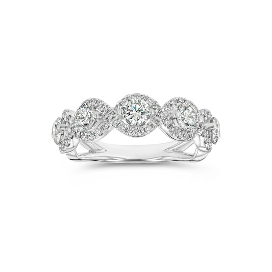 Five Stone Halo Diamond Band Ring in 14k White Gold 1-3/8ctw