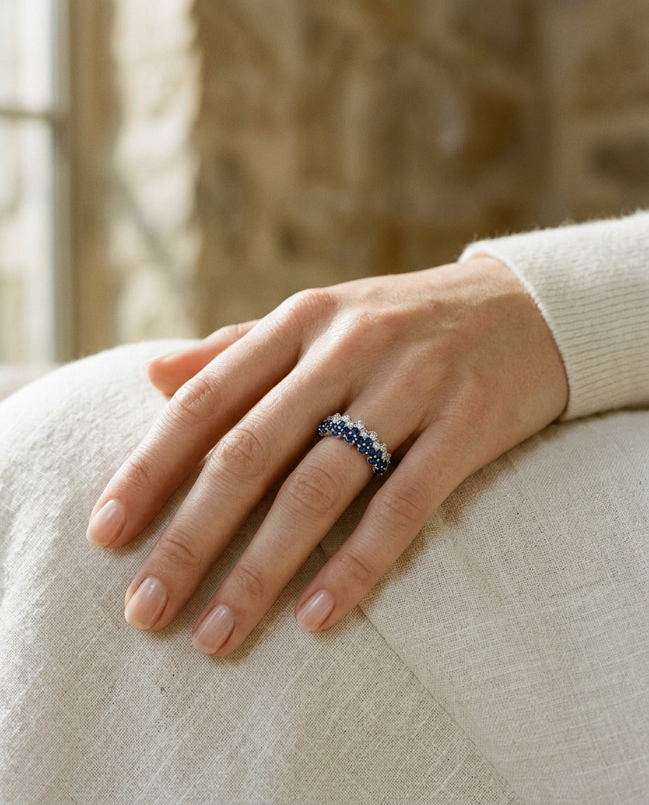 Sapphire And Diamond Layered Scallop Edge Band In 14k White Gold 3/8ctw — portrait close